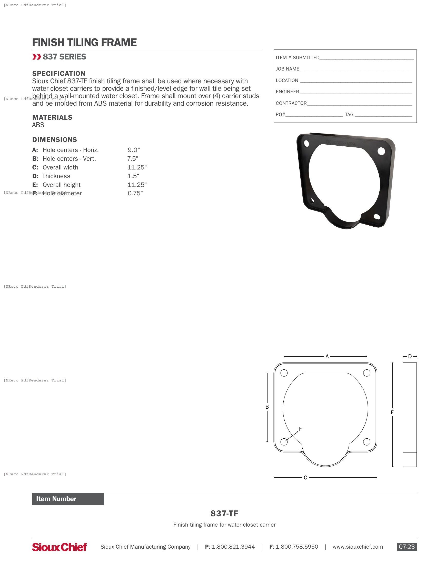 837-TF - FINISH TILING FRAME FOR CARRIER - SPEC SHEET.PDF Specification Document